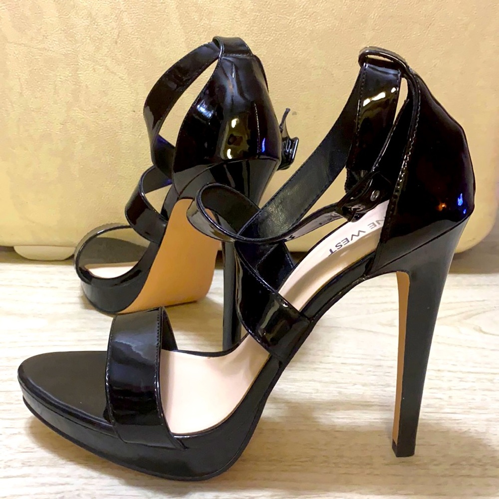 Nine West Eyes on You Black Patent Strappy Stiletto Heels
